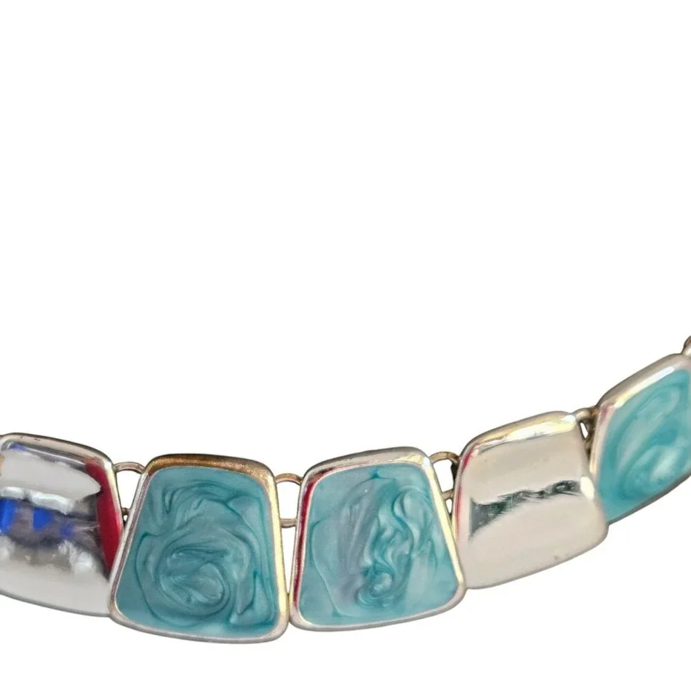 Teal Blue Enamel Silver Tone Geometric Statement Necklace Matching Bracelet